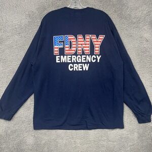 VTG FDNY Fire Department Shirt XL Blue Long Sleeve Emergency Crew Flag Logo